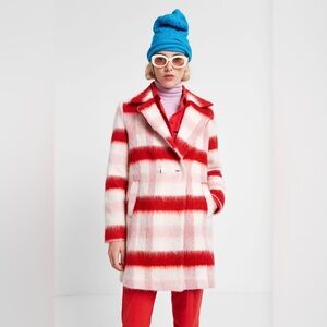 Desigual Double Breasted Wool Blend Overcoat Coat‎ Plaid Pink Red Womens Size 36